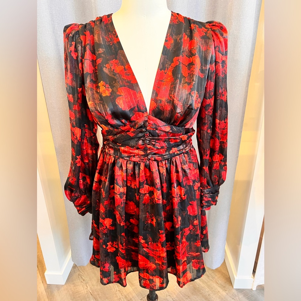 Elan Red and Black Floral Long Sleeve Dress